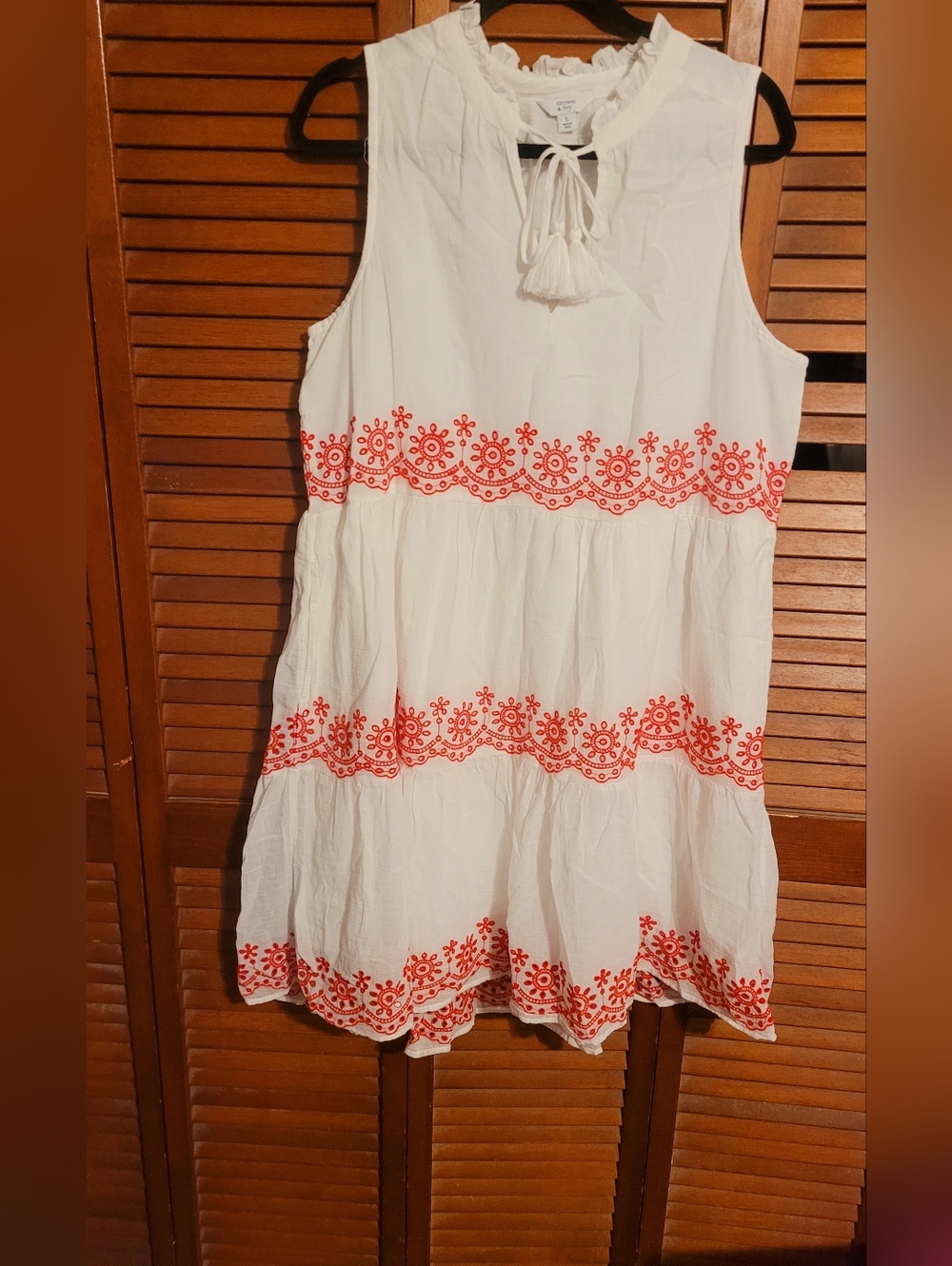 Crown & Ivy Cream Tassel Tie Peasant Tunic Dress Size Large - Picture 2 of 6